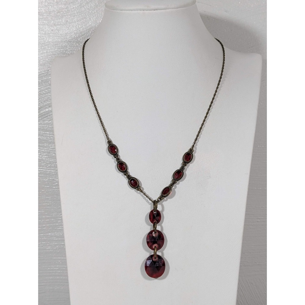 Red Acrylic Y Drop Necklace Bronze Toneโ Bezel Set Lariat Style Statement 20"